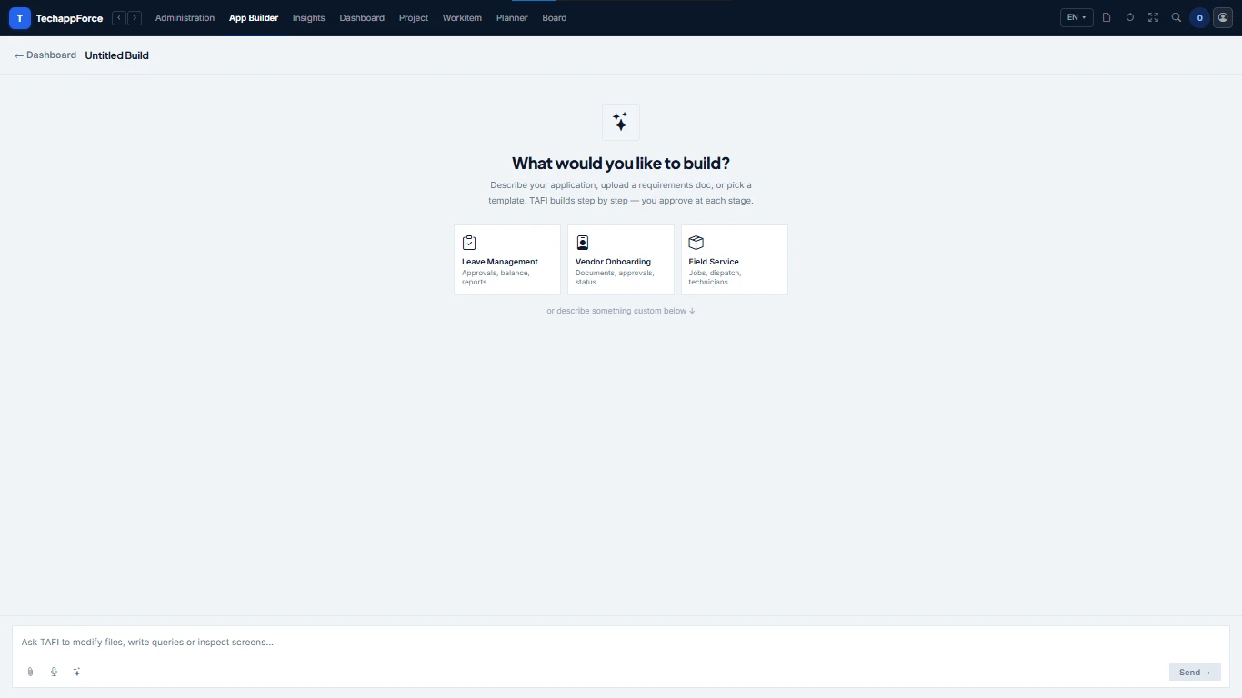 TAFI · Describe: Describe an app in plain English — or upload a requirements doc.