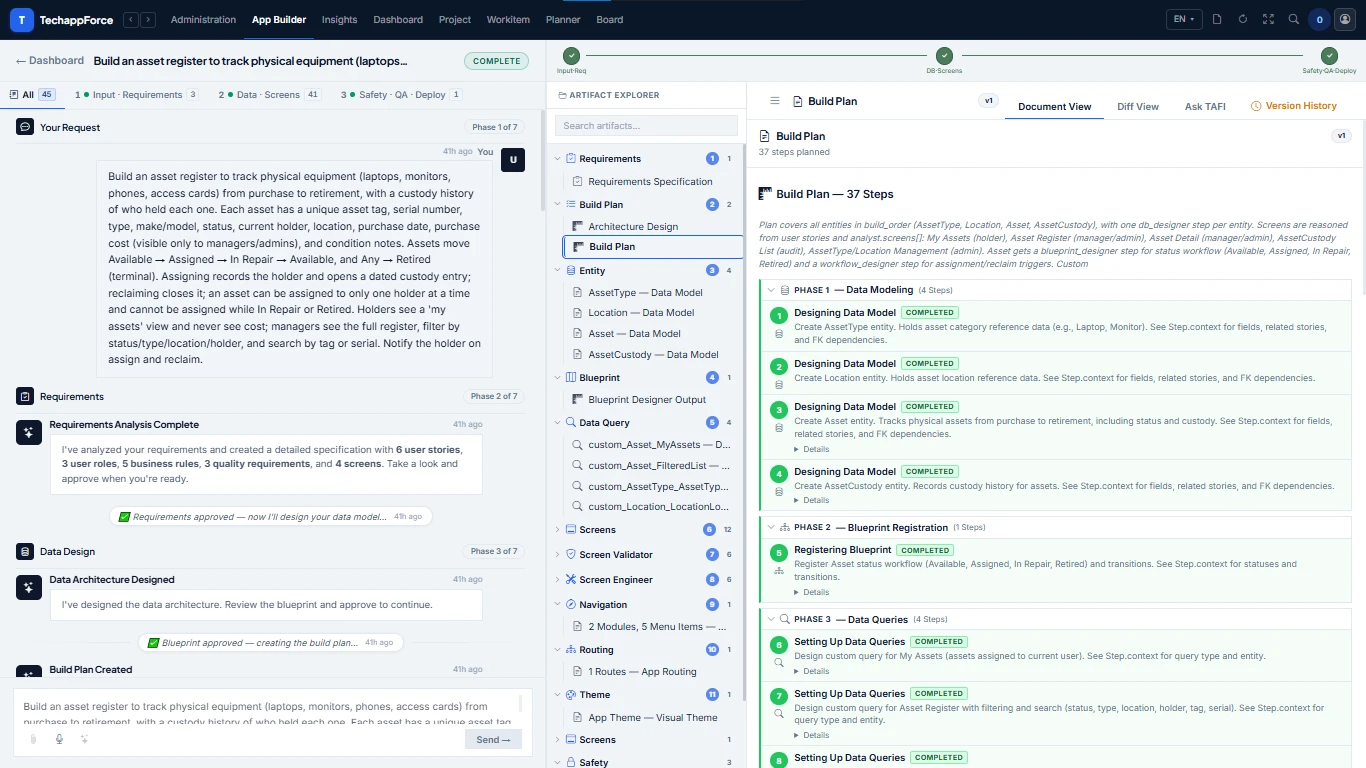 TAFI · Building: TAFI builds step by step through a live plan — you approve at each stage.