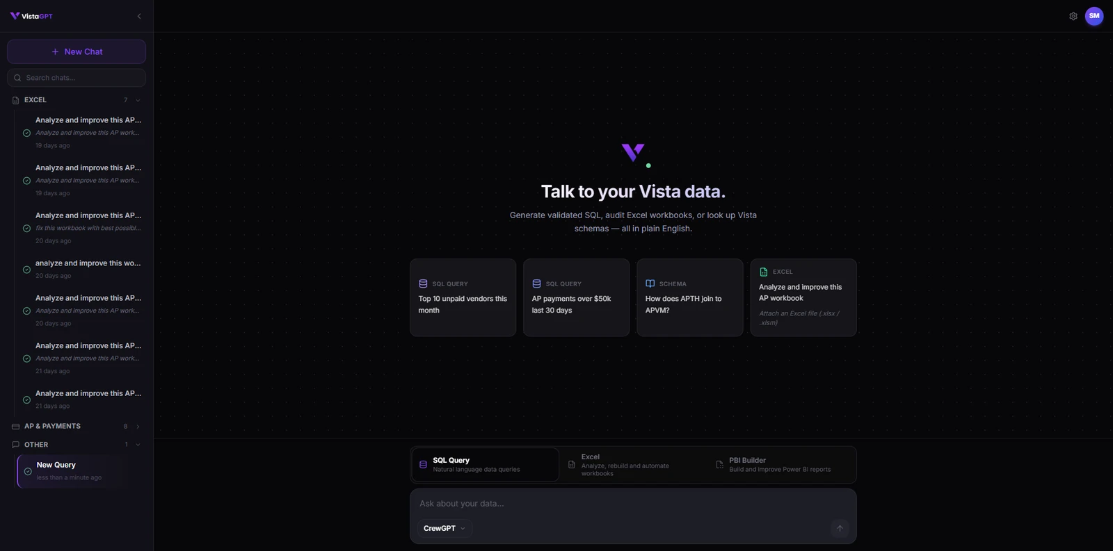 VistaGPT · Ask: One chat over your ERP, spreadsheets and P&L — pick a specialist agent.